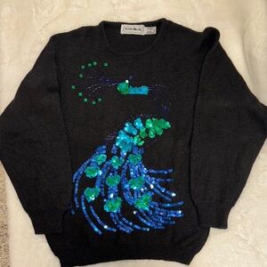 Vintage Black Sweater with Sequin Peacock Design